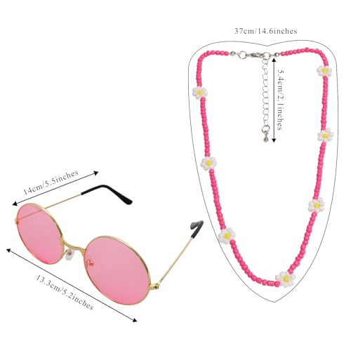 Fumwase 4pcs Hippie Costume Accessories for Women 70s Headband Hippie Earring Sunglasses Choker for 60s 70s 80s Groovy Party