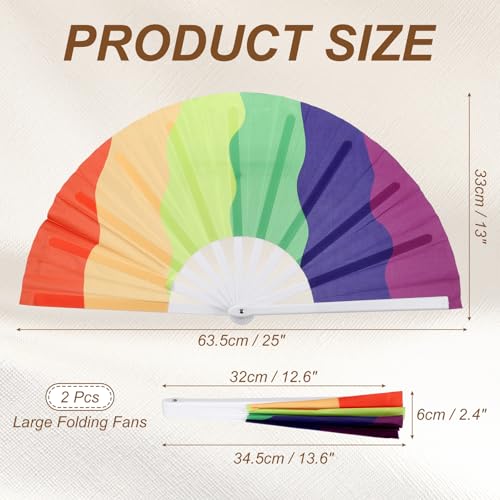 YELARXI Large Folding Fans for Line Dancing, Foldable Decorative Handheld Folding Hand Clacking Fan, 2Pcs&12.6"&Stripes&Rainbow Waves/White -for Women Edm Party Club Performance Dance by YELARXI - Image 2