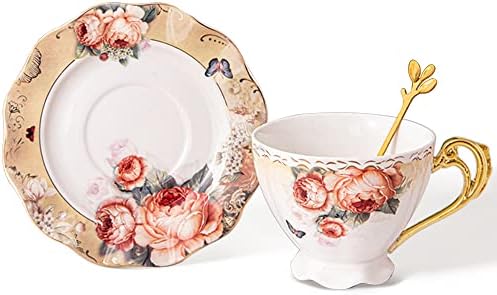 fanquare Orange Flower Tea Cup and Saucer Set, 7oz Porcelain Coffee Cup with Spoon, Pretty Tea Cup Set for Breakfast, Gift, Party