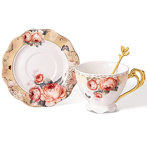 Fanquare Orange Flower Tea Cup And Saucer Set, 7Oz Porcelain Coffee Cup With Spoon, Pretty Tea Cup Set For Breakfast, Gift, Party #TOP24