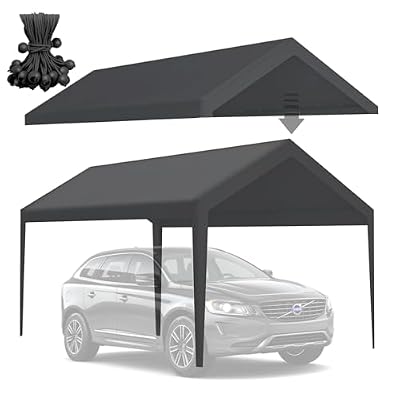 10x20 Carport Canopy Replacement Cover, 220g Heavy Duty Car Canopy Garage Tent Top Cover with Fabric Leg Pole Skirts and Ball Bungees Grey (Frame is not Included)