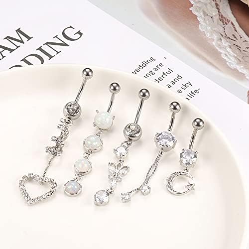 Kakonia 5Pcs Belly Button Bar for Women 14G Dangle Belly Bar 316L Surgical Steel CZ Navel Barbell Body Piercing Jewelry 10mm