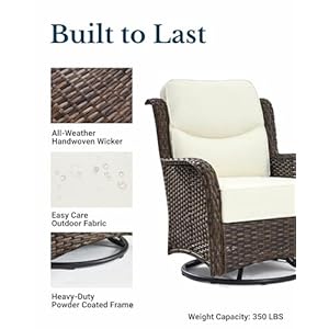 Luxury high back outdoor swivel rocker patio chairs set of 2 with 6 inch thick cushions and side table ideal for porch poolside deck and yard in cream white  urban country home decor