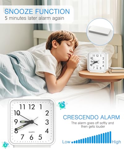 Image of AMIR Analog Silent Non Ticking Small Clock, Travel Analog Alarm Clock | Snooze & Light, Ascending Beep Sounds, Battery Operated Loud Alarm Clock for Bedroom