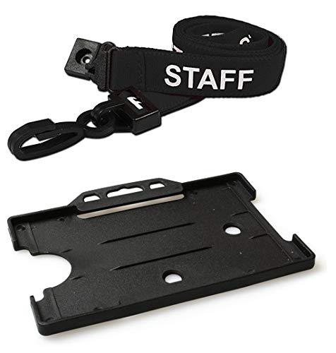 Identity-Plus: Black Pre-Printed Staff Lanyard Neck Strap (Plastic J Clip, Safety Breakaway Point) with Black Landscape Card Holder (10)