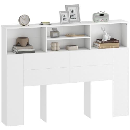 HOMCOM Tête de lit sur Pied 140 cm avec rangements, Accessoire de lit Moderne avec 4 Compartiments Ouverts pour Chambre, 140 x 19 x 103,5 cm, Blanc