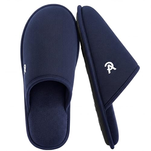 VeraCosy Men's Knitted Scottish Slippers with Soft Memory Foam Non Slip Indoor Rubber Sole Dark Blue,11-12 US