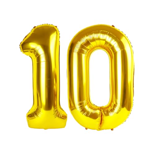 Image of 10 Balloon 40 inch Gold Number Balloons for 10 100 Anniversary Decoration | Saturated Color, Large 40 in, With Straw & Hanging Hole, For Graduation Season, Thanksgiving, Anniversary, Christmas