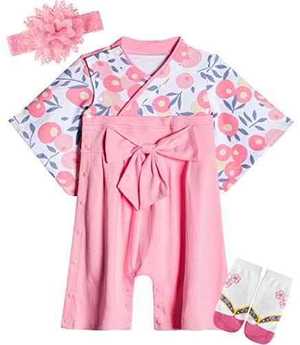 BECOS 女の子 着物 袴風 ロンパース 和装 百日祝い (ライトピンク,