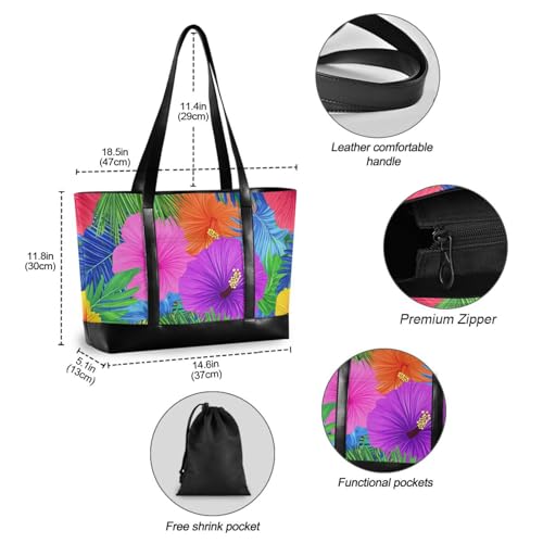 Hawaiian Style Tropical Flowers Palm Leaves Bright Neon Colors Large Capacity handbags for women with zipper totes for gym with bolsa para laptop mujer4