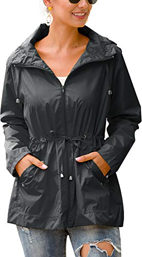 QZUnique Womens Rain Coat Lightweight Hooded Raincoat Outdoor Windbreaker Breathable Rain Jackets Waterproof Trench Jackets Grey