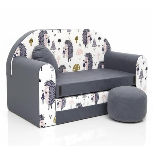 All4All Kindersofa - Klappsofa - Schlafsofa 3in1 - Velo - Spielsofa für Kinder - Sofa zum Aufklappen - mit Pouf - faltbar - zum Schlafen – Schaumstoff Sofa (AX1 Grau + Igel)