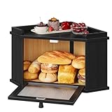HOOBRO Boite a Pain d’Angle en Bambou avec Porte Ondulée, Huche à pain, Placard de Cuisine, pour Cuisine, Salle à Manger, Noir EBK18MB01