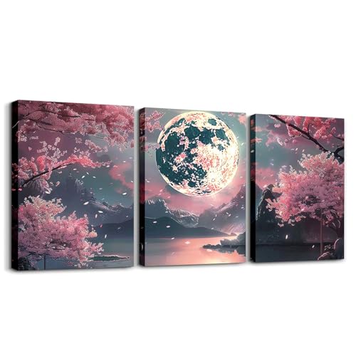 Moon Lake 3 Piece Canvas Wall Art for Living Room Pink Cherry Blossom Wall Decor for Bedroom Office Japanese Style Ready to Hang Pictures Home Decor 3 Pieces by Castle Fairy - Used condition - US$11.71