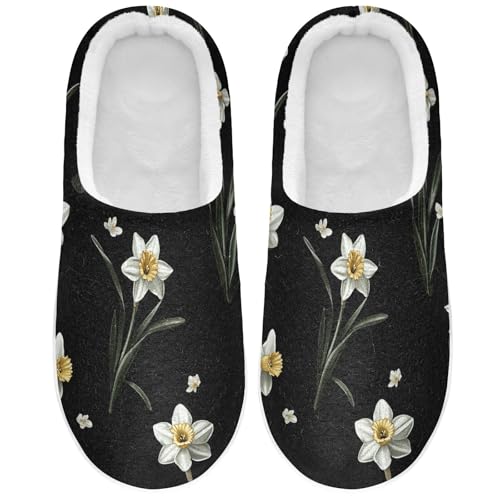 JUNZAN Safari Daffodils Black Womens Cotton Slippers Soft Memory Foam Bedroom Shoes for Indoor Christmas Presents 6-7