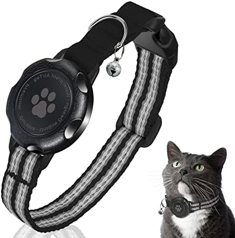 AirTag Cat Collar, Integrated Kitten Collar with 100% Waterproof AirTag Holder, Soundproof Reflective GPS Cat Collars with Apple Air Tag Case and Bell for Girl Boy Cats, Kittens and Puppies (Black, S)