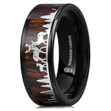 THREE KEYS JEWELRY 8mm Mens Black Tungsten Rings Elk Forest Hunting Ring with Red Wood & Silver Deer Antler Stickers Inlay Wedding Band Comfort Fit Durable, Size 11