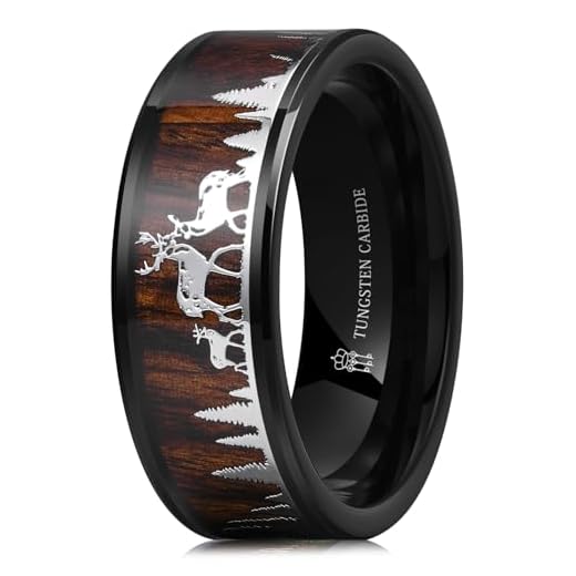 THREE KEYS JEWELRY Men Wedding Bands 8mm Tungsten Hunting Viking Deer Forest Carbide Wood Ring with With Sandal Wood Inlay Polished Infinity Unique for Him Black Size 9.5