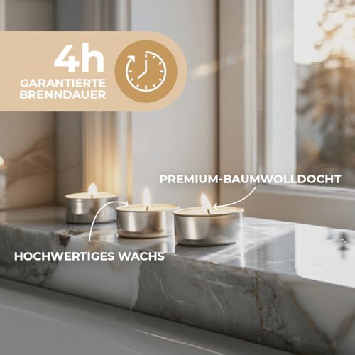 Horeca Candles - Teelichter mit 4 Stunden Brenndauer - 100 Stück, Weiß - Ohne Duft - Paraffinwachs - Hochzeit, Dekorieren, Feiern, Entspannen, Party