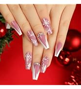 Christmas Press on Nails Medium Long Coffin Fake Nails Pink False Nails with Design Snowflake Rhi...