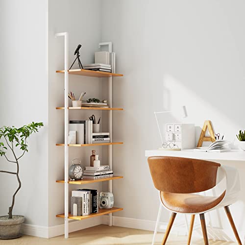 Sogeshome Industrial Wall-Mounted Ladder Shelf, 5-Tier Modern Bookshelf With Industrial Metal Frame, Bookcase Organize Plant Flower Display Stand For Kitchen, Living-Room, Bedroom, Office #TOP1