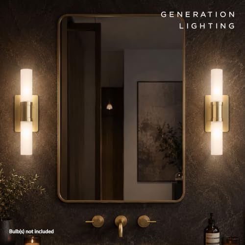 Generation Lighting 4465002CF-848 Keaton Transitional Industrial 2-Light Indoor Dimmable Small Bath Vanity Wall Sconce Fixture in Satin Brass Gold Finish with Clear Fluted Glass Shade by Generation Lighting - Used condition - Image 6