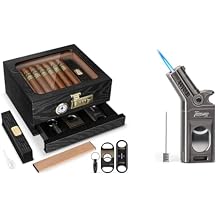Tesonway Cigar Humidor and Cigar Torch Lighter, Cedar Wood Humidor Cigar Box, Refillable Butane Torch Lighter, Gift for Cigar Lovers Butane Not Included