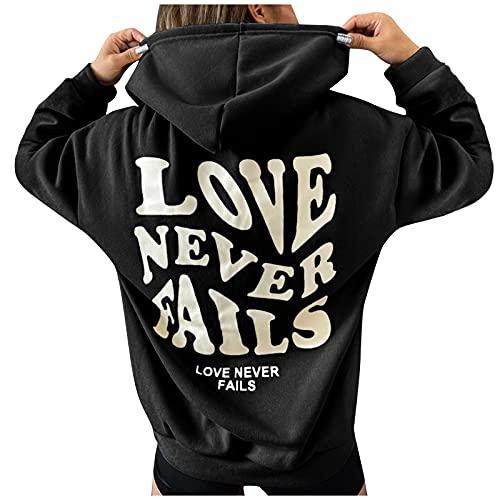 Love Never Fails Hoodie For Women Oversized Boyfriend Style Hooded Sweatshirts Casual Loose Vintage Pullover Tops Black #TOP4