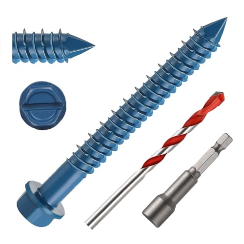 3/16" x 2-1/4" Concrete Screws, 50 PCS Blue Hex Washer Head Concrete Screws Anchor Kit with Drill Bit and Hex Bit Socket, for Masonry, Cement, Block, Brick or Stucco by kvohlum - Used condition - US$11.97