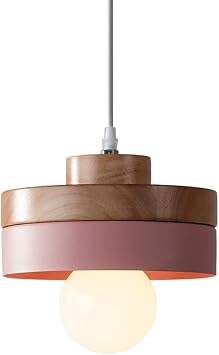 THAELY Lighting Modern Kitchen Island Light Fixtures with Wood Accent Metal Pendant Lampshade Modern Hardwired Ceiling Chandelier for Dining Room Bedroom Bar, Pink