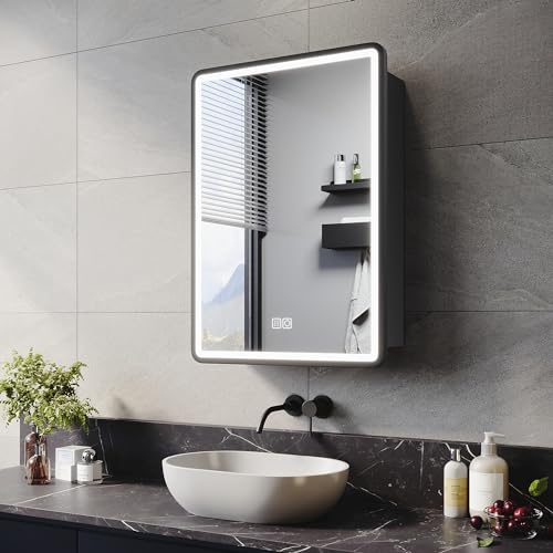 Image of ELEGANT 500x700mm LED Bathroom Mirror Cabinet With Shaver Socket - Wall Mounted With Touch Button 3 Colour Light and Demister - Stainless Steel Black