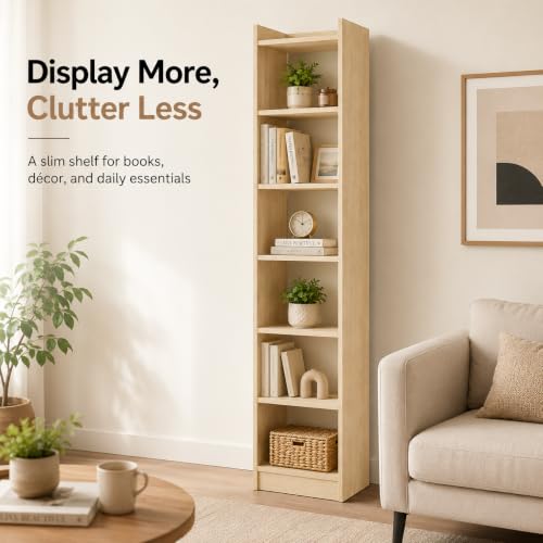 Image of FURLAY SlimTower 180 cm Tall Bookshelf, 6-Tier Slim Open Shelf Organizer, Space Saving Book Rack for Bedroom, Study Room, Living Room, Office, Kids Room & Decor Storage (FWBS7L-Classic Oak)
