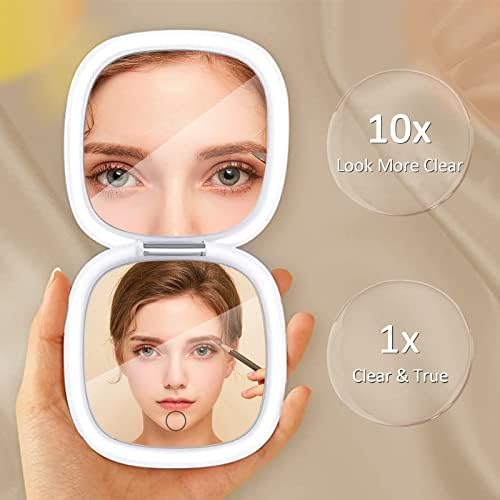 Micacorn LED Light Travel Makeup Mirror 1X 10X Magnified Compact Mirror USB Charging Folding Mirror Touch Screen 3 Colors Brightness Adjustable Portable Mini Mirror for On the Go and Handbag