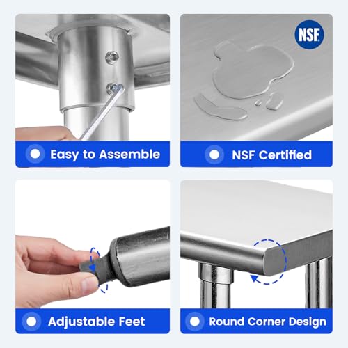 Hally Stainless Steel Table for Prep & Work 18 x 36 Inches, NSF Commercial Heavy Duty Table with Undershelf and Galvanized Legs for Restaurant, Home and Hotel - Thumbnail 6