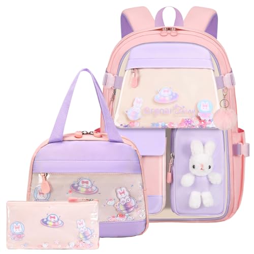 KBGPW 3pcs Girls Backpack With Lunch Box & Pencil Case,Cute Rabbit Kids School Backpack Set For Kindergarten & Elementary School (Style A Pink-16.5in)