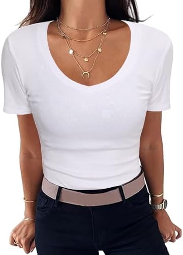 Aottori T-Shirt Damen V-Ausschnitt Gerippt Basic Top Kurzarm Sommer | Rippshirt, Oberteile, Slim Fit, Stretch, Eng, Elegant, Casual, Einfarbig, für Alltag Freizeit Büro