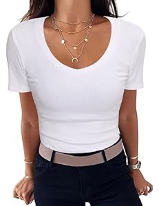 Aottori Damen T-Shirt V-Ausschnitt Gerippt Slim Fit Weiß M