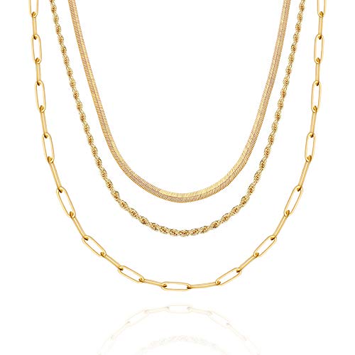 Hidepoo Gold Layered Necklaces for Women, 14K Gold Plated Dainty Rope Chain Herringbone Snake Choker Necklace Paperclip Chain Layered Necklaces for Women Jewelry Gifts