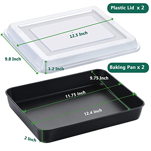 Lianyu Baking Pan With Lid, 12⅖ X 9¾ X 2 Inch Stainless Steel Square Rectangle Cake Pan, Black Nonstick Roasting Lasagna Pan For Brownie Bread Chicken, 2 Pans + 2 Lids, Stackable & Oven Safe #TOP1