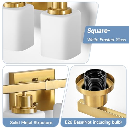 Image of Brushed Gold Bathroom Vanity Light,4-Light Bathroom Light Fixtures with Square Frosted Glass,Gold Bathroom Wall Lamp Sconces for Mirror Bedroom,Living Room Hallway,E26