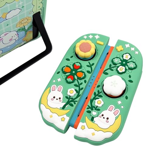 Sanfulin Protective Case for Nintendo Switch 2, Hard Back Shell + 2 Silicone Anti-Slip Controller Covers + 2 Joystick Caps, Rabbit and Flower Cover, Green by Sanfulin - Image 7