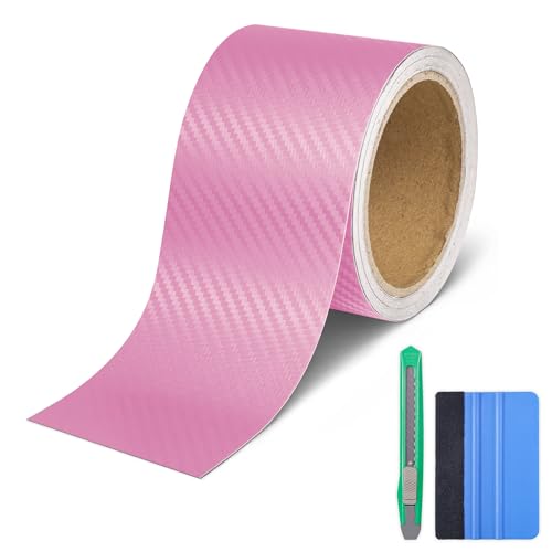 Lypumso Carbon Fiber Vinyl Wrap Tape for Chrome Delete Black Out, 3in x 30ft Car Door Sill Window Trim Protector, Pink Self-Adhesive Sticker Edge Guard for Motorcycles Trucks DIY