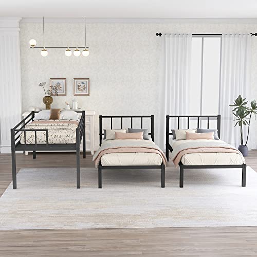 EMKK Triple Bunk Beds for Kids,Heavy Duty Metal Frame,Can Be Divided Into 3 Twin Bed,Twin Over Twin Bunk Beds for 3, Triple Bunk Bed, Metal Triple Bunk Bed with Guardrails for Kids, Teens, Boys, Girls