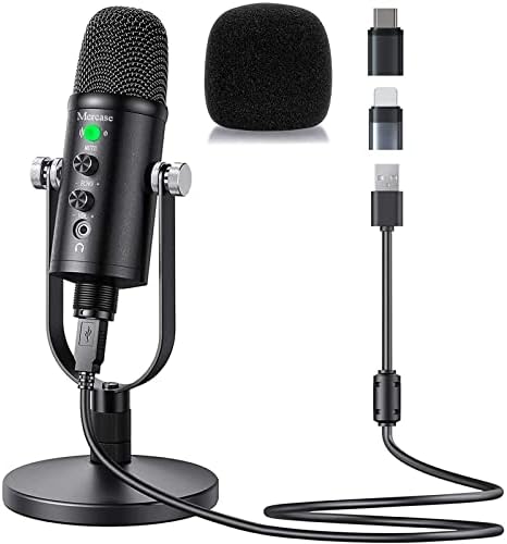 Mercase USB Microphone for Mac,PC,Phone Mic for Sing,ASMR,Podcast with Mute Button,Plug & Play,Cardioid Pickup,Volume and Gain Control for Vocal,YouTube Videos