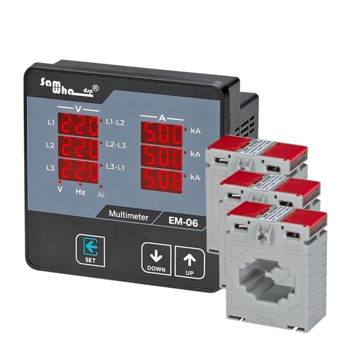 SPABOY Multímetro Digital EM-06, medidor de Panel de visualización de Secuencia de Fase, voltios trifásicos (LL), (LN), amperios, frecuencia, 12 en 1(3CT 100A)