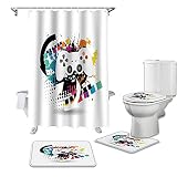JRLTYU Ensemble de Rideau de Douche Console de Jeu Graffiti Blanc Noir Vert Rideau de Douche imprimé en 3D Polyester Antidérapant apis de Bain+Tapis de Contour+Tapis Abattant de Toilette 180×180 cm