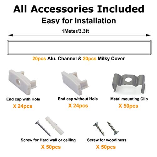 Hunhun 20-Pack 3.3Ft/1Meter U Shape Led Aluminum Channel System With Milky Cover, End Caps And Mounting Clips, Aluminum Profile For Led Strip Light Installations, Very Easy Installation #TOP1