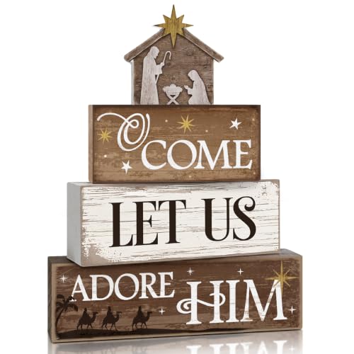 Golibra 4 Pcs Christmas Table Decorations, Wooden Nativity Decor Indoor
