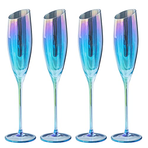 Mygift Iridescent Blue Angled Rim Champagne Flute Set Of 4, Sparkling Wine Stemless Glasses, Rainbow Transparent Prosecco Wine Glass, Cocktail Mimosa Glass Set, Holiday New Year Toasting Glass #TOP5