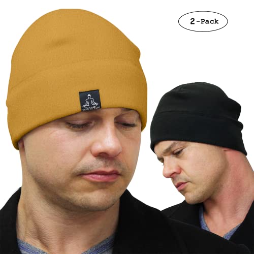 Temple Tape Tactical Fleece Watch Cap Beanie – Skull Cap Fleece Hat - 2 Pack Black/Sand Brown - One Size (Fits Most Heads) #TOP3